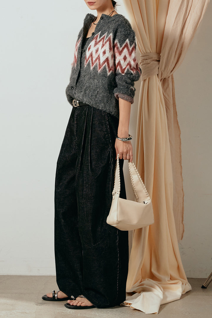 [SET]起毛ノルディック柄ニットカーディガン+フロントタック入りコーデュロイパンツ(2set)