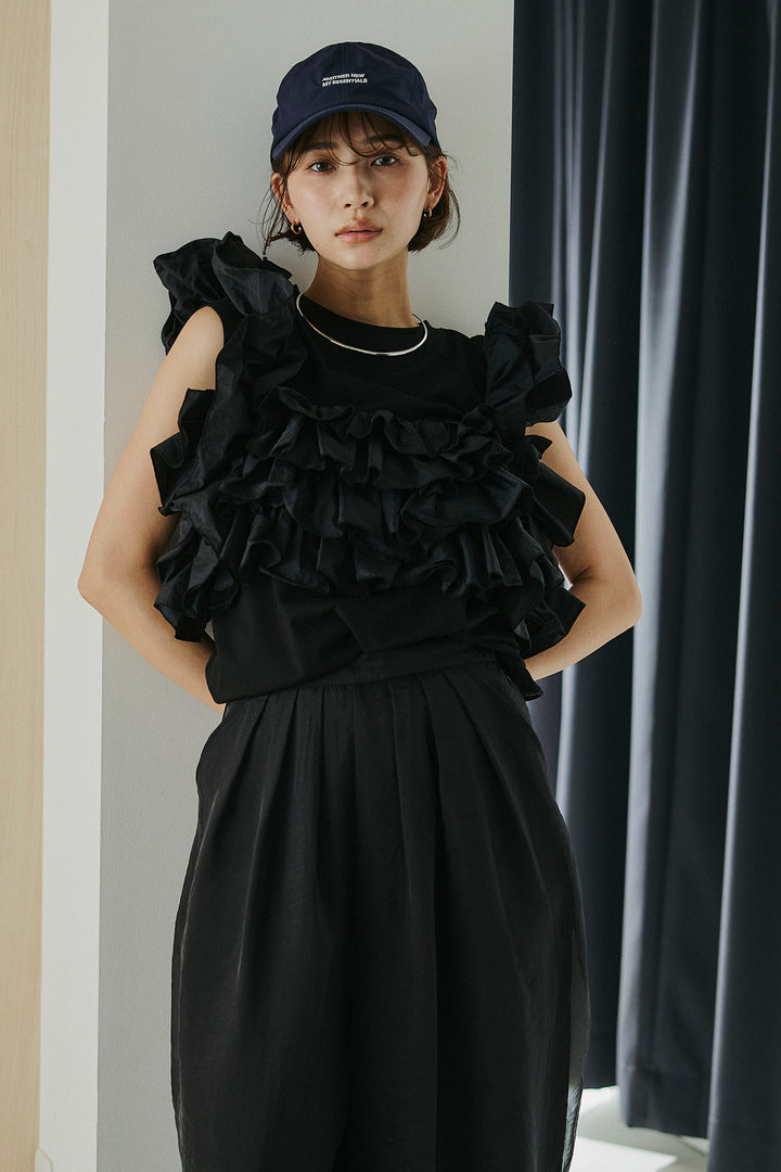 [SET]天竺ナイロンドッキングビスチェ風トップス+オーガンジータックパンツ(2set)