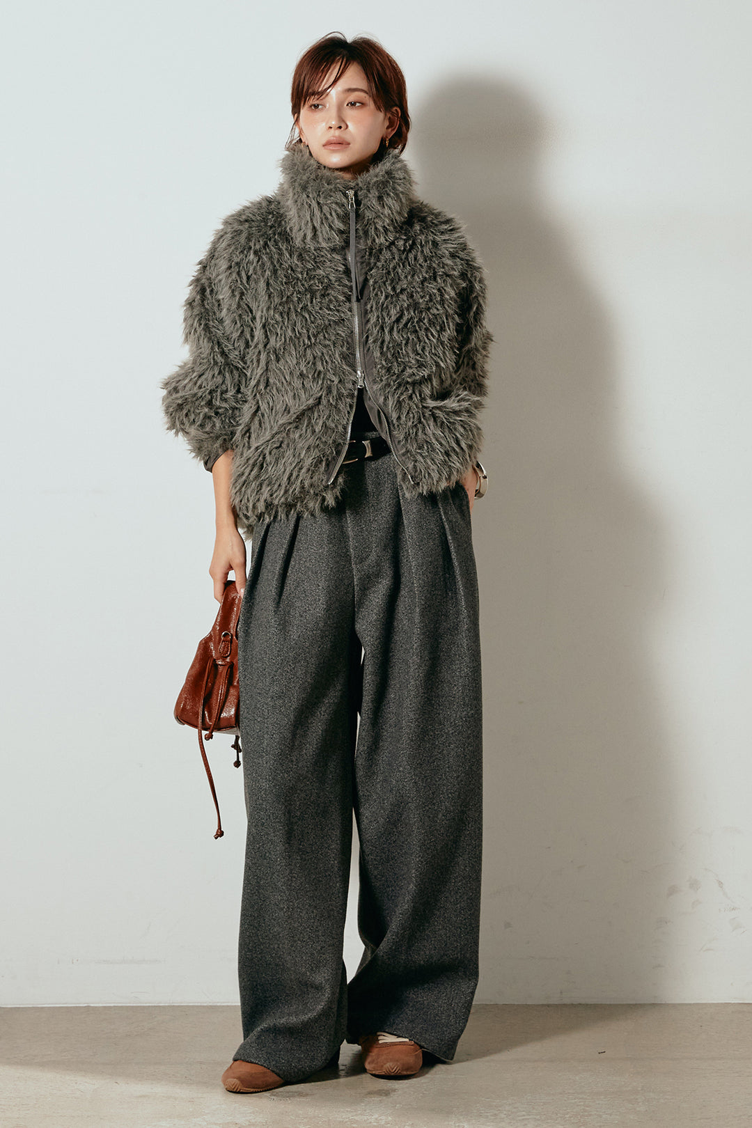 [SET]ミックスシープファースタンドブルゾン+フェイクウールタックトラウザーズパンツ(2set)