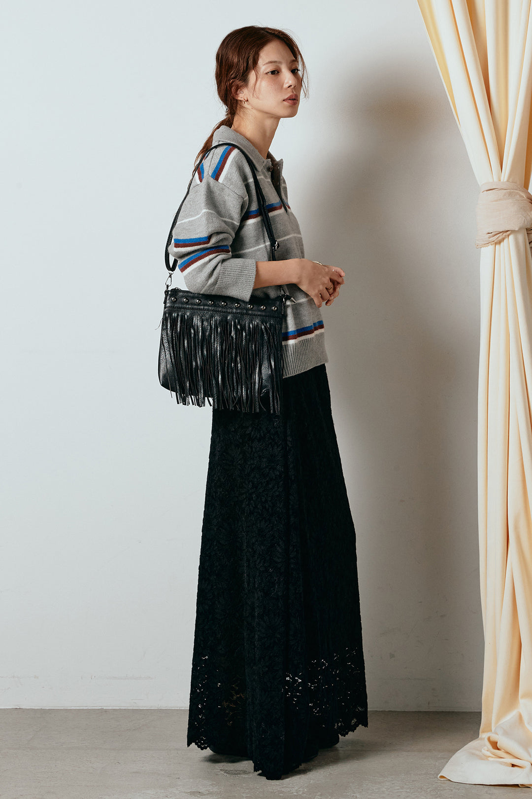 [SET]襟付きマルチボーダーニットポロトップス+花柄刺繍ベロアフレアスカート(2set)