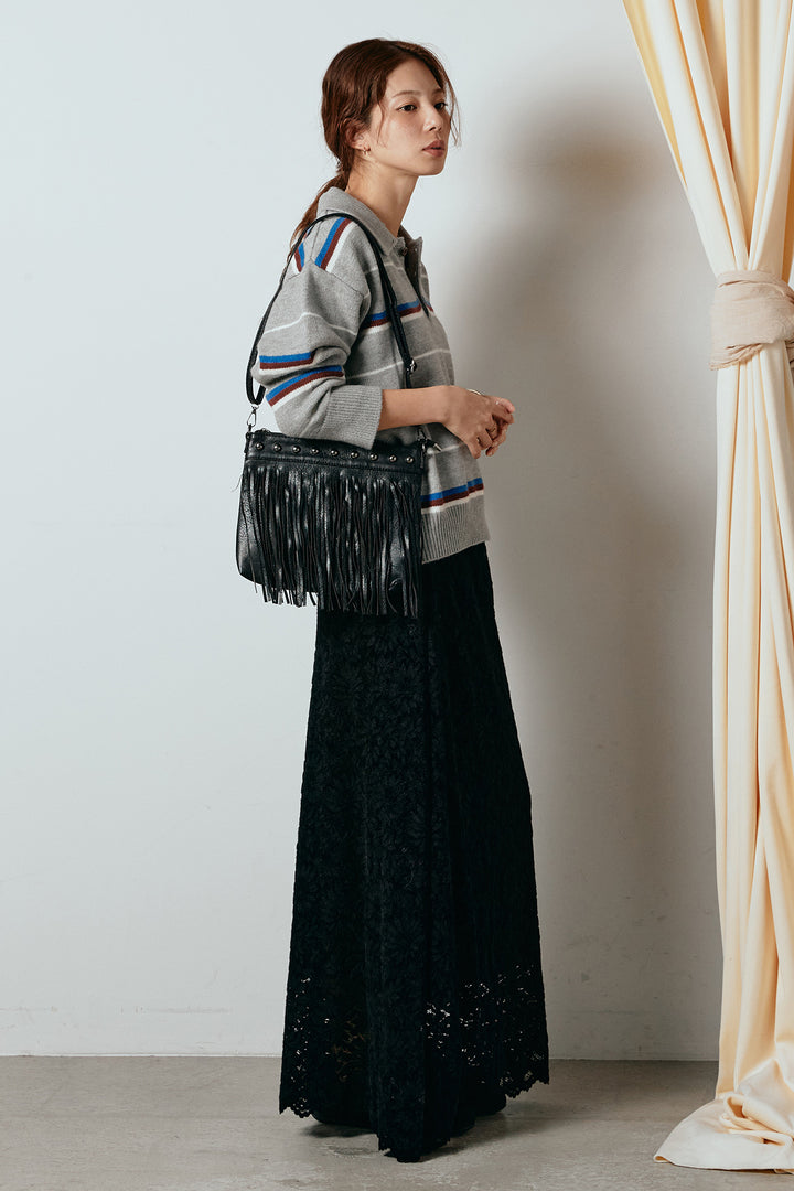 [SET]襟付きマルチボーダーニットポロトップス+花柄刺繍ベロアフレアスカート(2set)