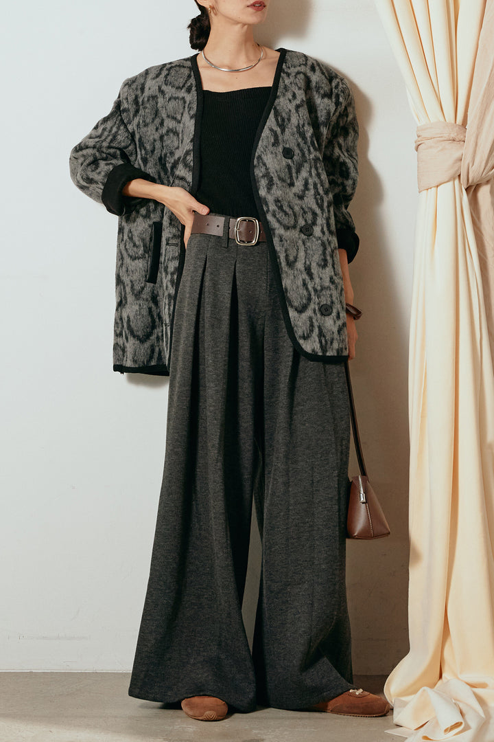 [SET]ノーカラーレオパード柄アウター+フェイクレザー太ベルト付きタックワイドパンツ(2set)