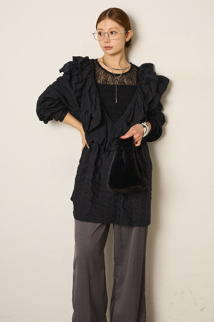 [SET]Vネックフリルカラーブラウス+ストレッチレースクルーネックインナー(2set)