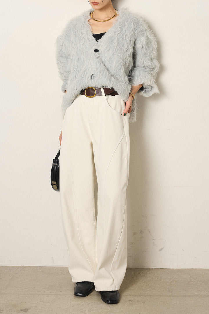 [SET]起毛シャギーニットカーディガン+ベルト付きカジュアルカーブワイドパンツ(2set)