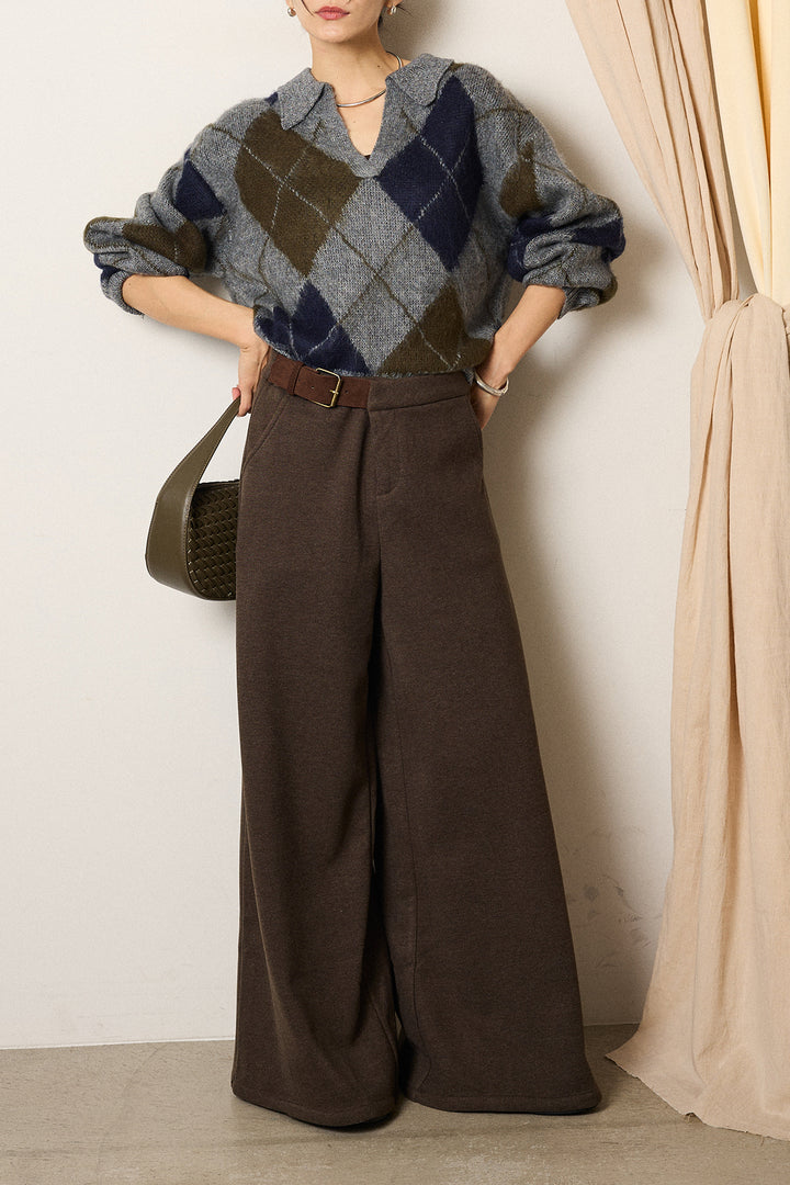 [SET]アクリルモヘアアーガイルキーネックプルオーバー+サイドベルトパンツ(2set)