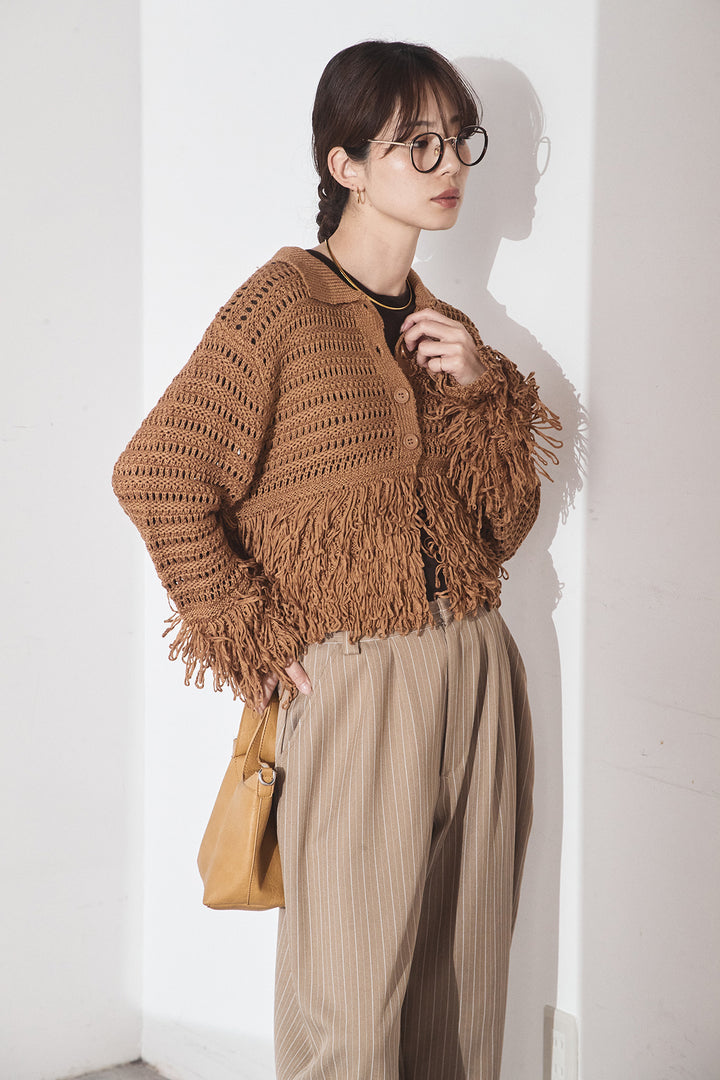 [SET]メッシュフリンジカーディガン+ヘリンボーンストライプツータックパンツ(2set)