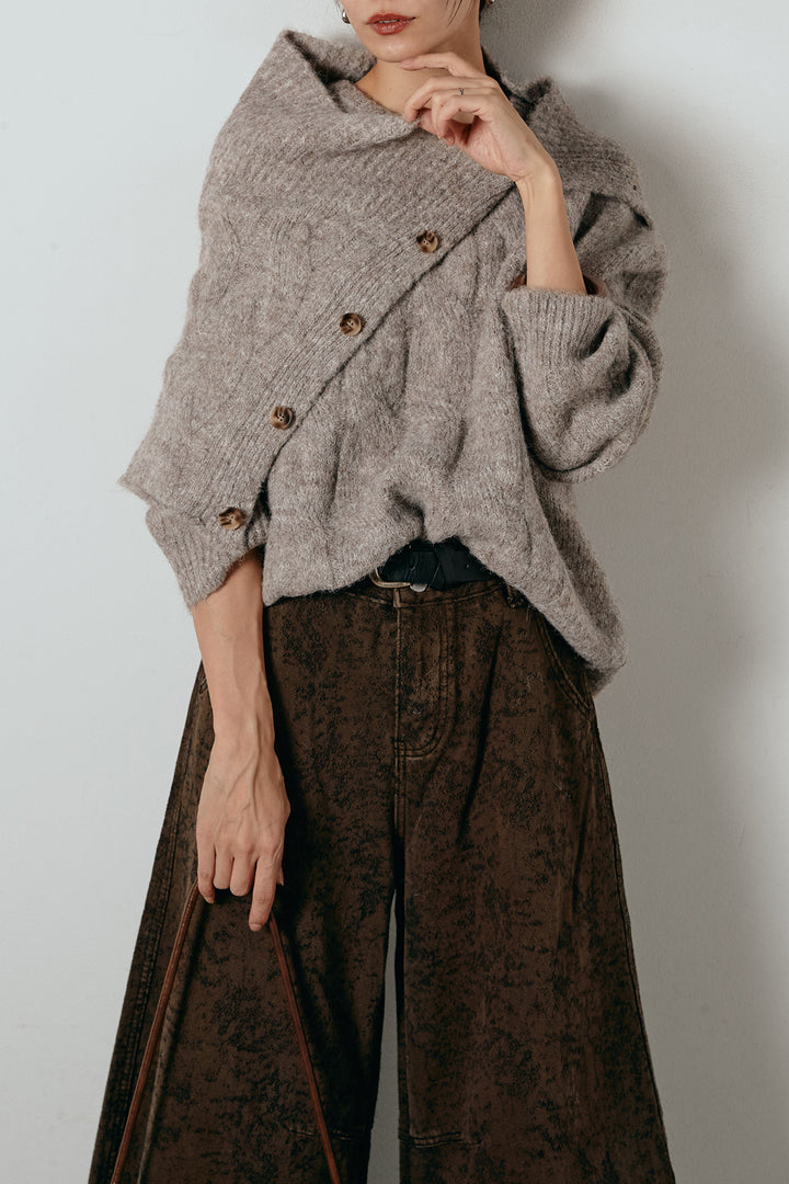 [SET]ケープデザインケーブルニットトップス+ベルト付きニュアンス柄カーブワイドパンツ(2set)