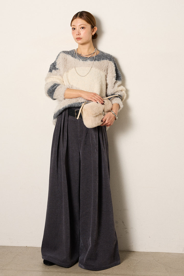 [SET]シャギーウェーブ柄クルーネックニットトップス+ベルトループコーデュロイワイドパンツ(2set)