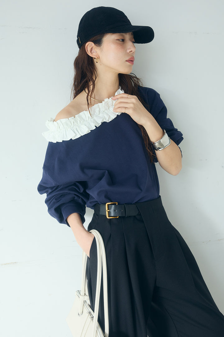 [SET]ネックギャザーフリルスウェット+サイドベルトタック入りスラックス(2set)