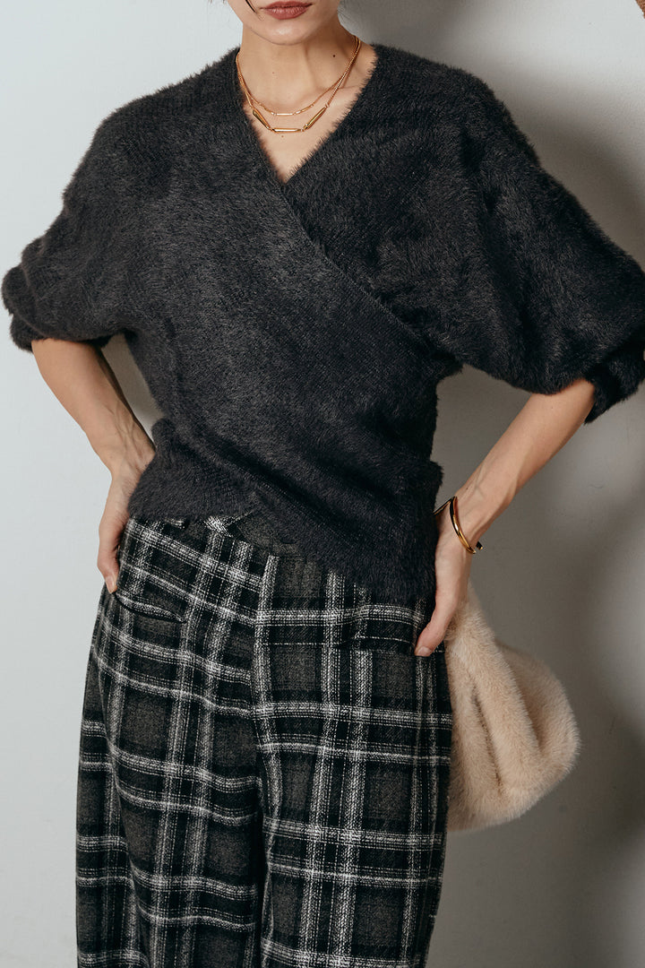 [SET]シャギーカシュクールニットトップス+ルーズタータンチェックワイドパンツ(2set)