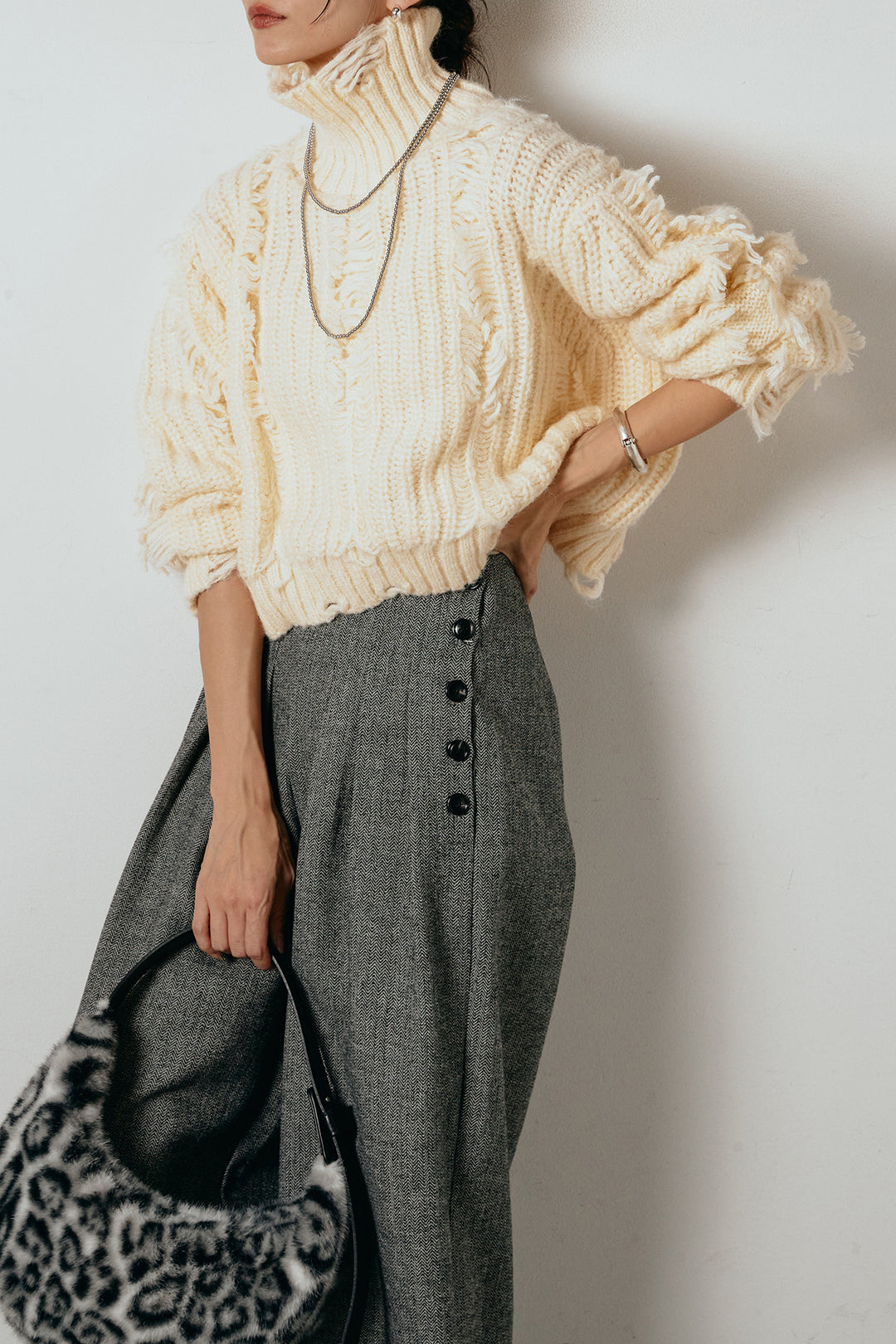 [SET]フリンジタートルショートニット+サイドボタンツイードタックパンツ(2set)