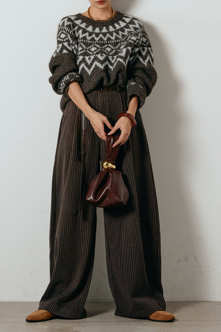 [SET]ノルディック柄Uネックプルオーバー+レザーライク配色ストライプパンツ(2set)