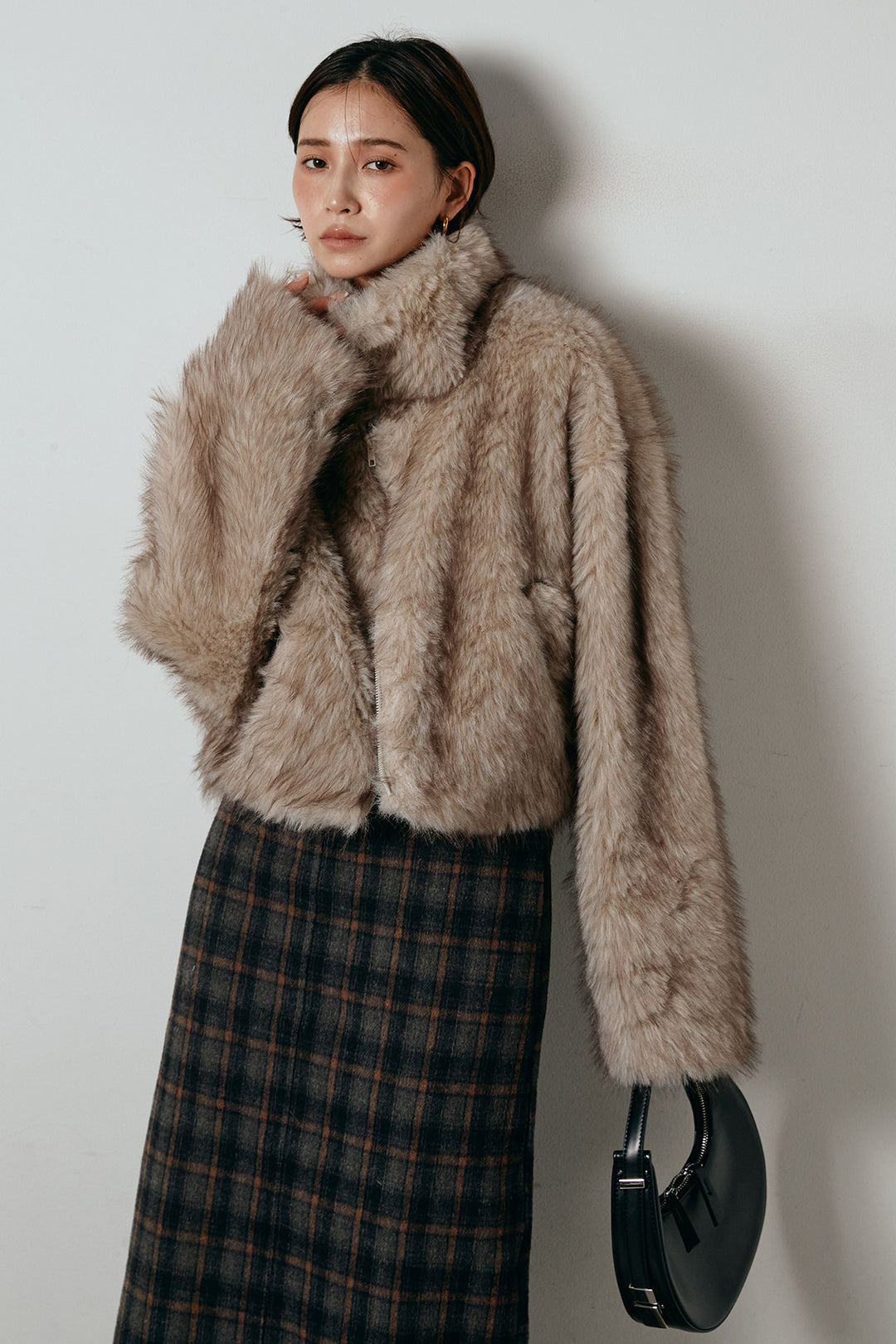 [SET]エコファーショート丈ブルゾン+シャギーチェックストレートスカート(2set)