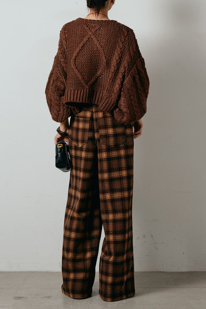 [SET]ロービングケーブルショート丈プルオーバー+ルーズタータンチェックワイドパンツ(2set)