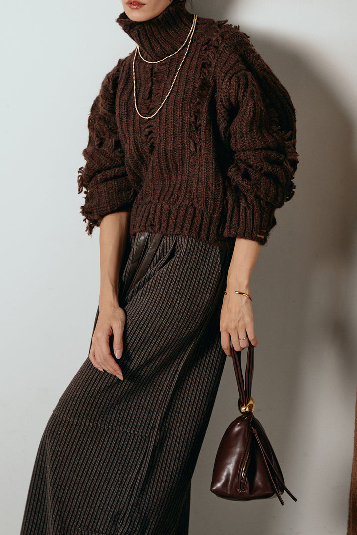 [SET]フリンジタートルショートニット+レザーライク配色ストライプパンツ(2set)