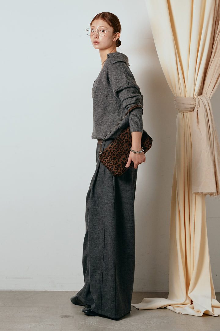 [SET]襟付きレイヤードニットトップス+ポーチベルト付きカーブパンツ(2set)