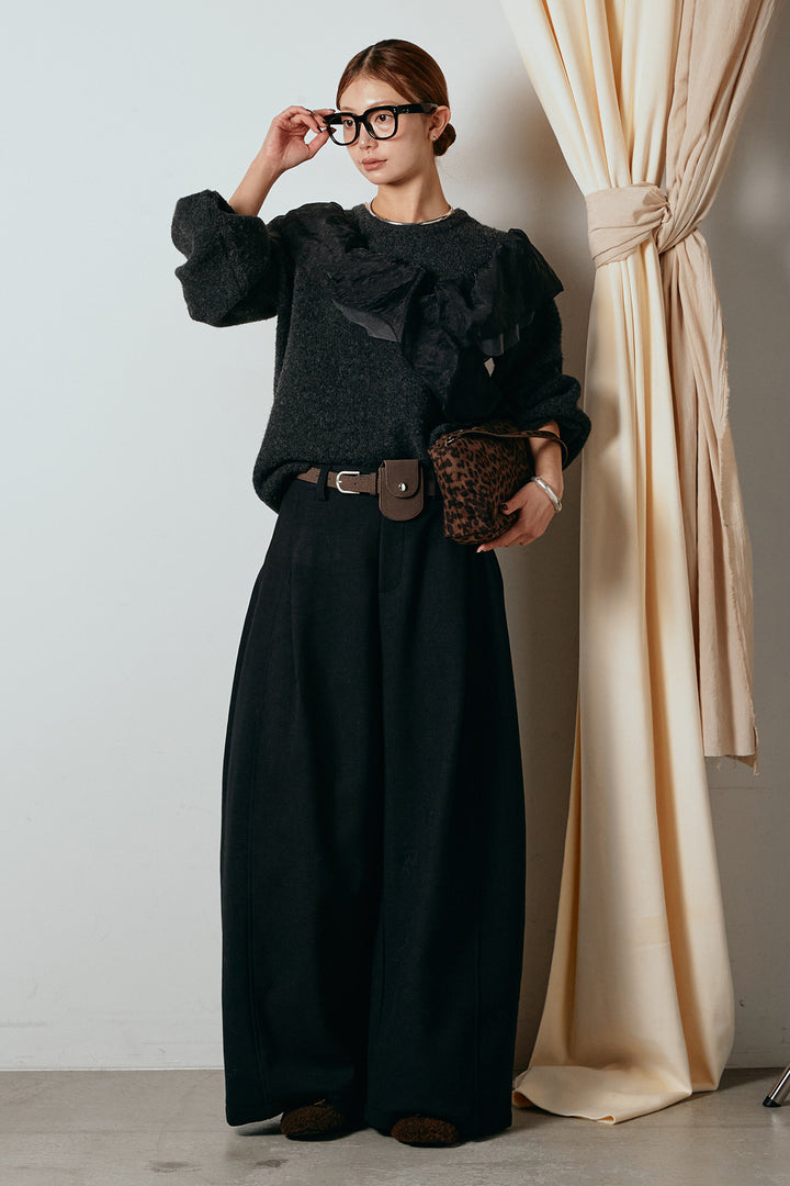 [SET]アシンメトリーフリルニットトップス+ポーチベルト付きカーブパンツ(2set)