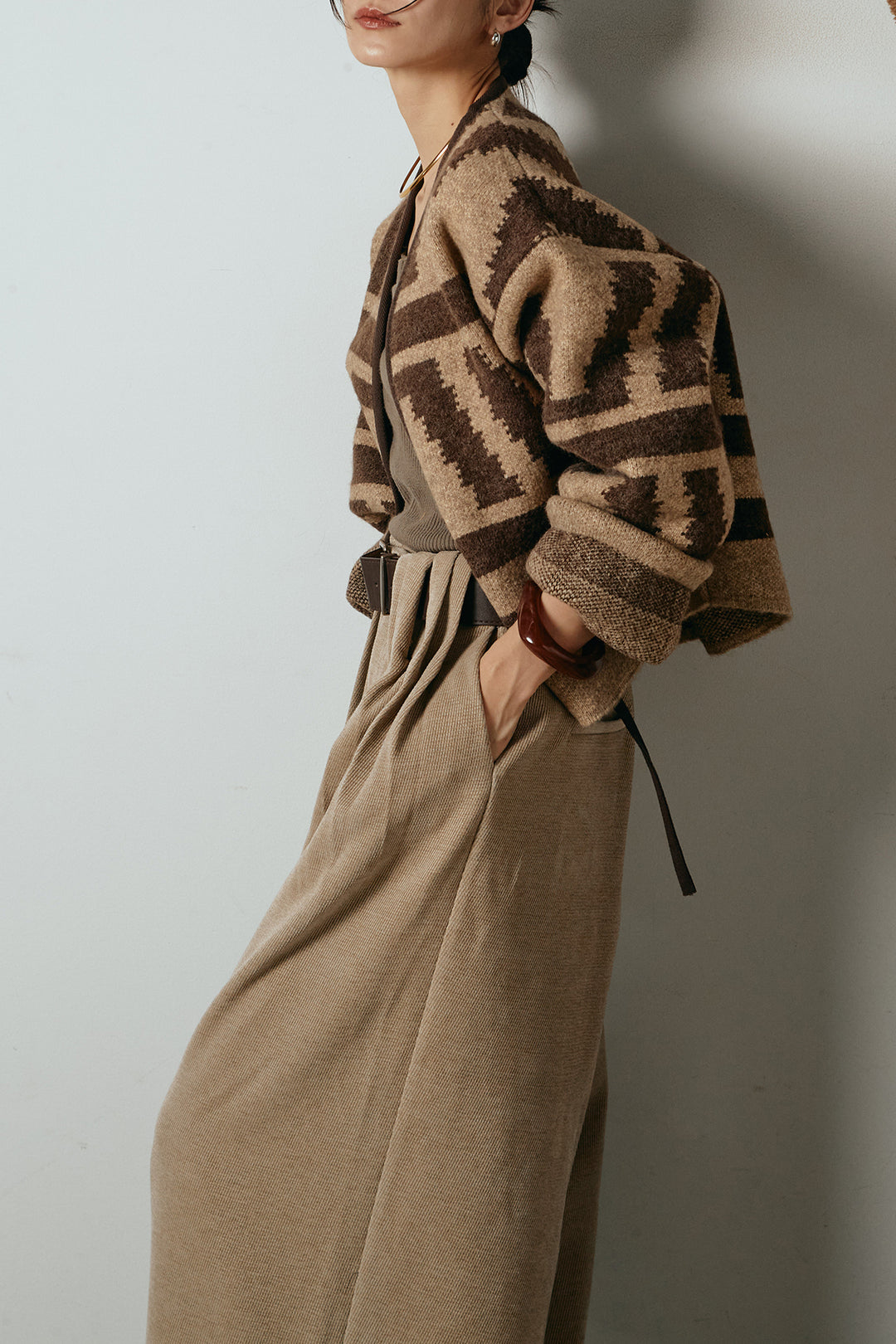 [SET]ノーカラー幾何学模様アウター+ベルトループコーデュロイワイドパンツ(2set)