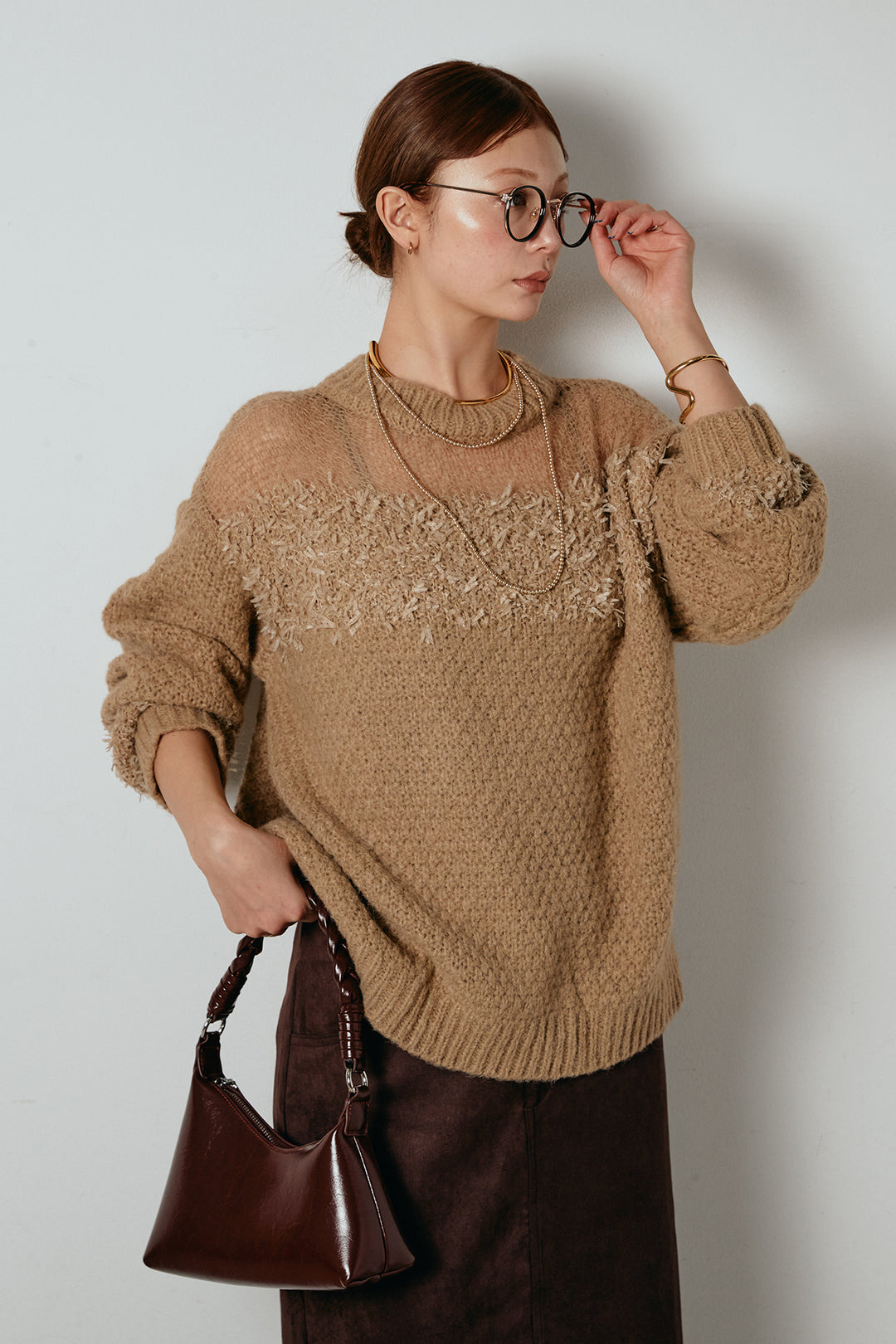 [SET]パターンランダム編みニットトップス+スウェードライク裾フリンジスカート(2set)