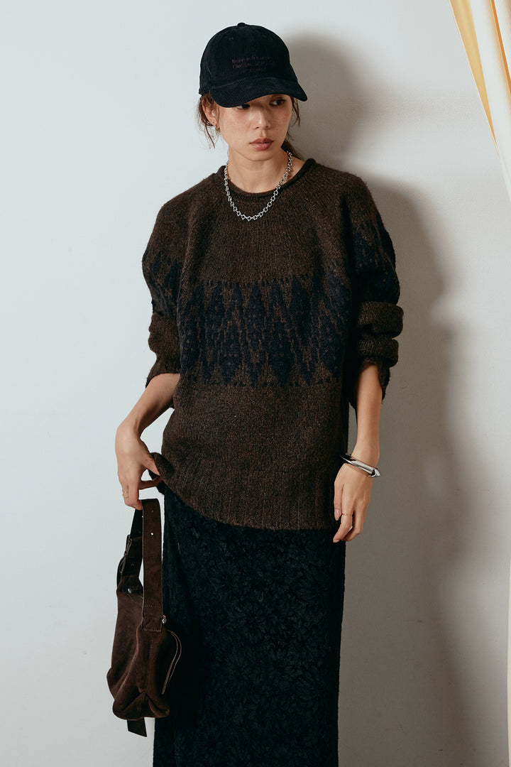 [SET]モノトーン柄ニットトップス+花柄刺繍ベロアフレアスカート(2set)