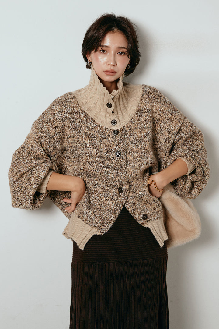 [SET]ハイネックミックスニットカーディガン+編み地切り替えフレアニットスカート(2set)