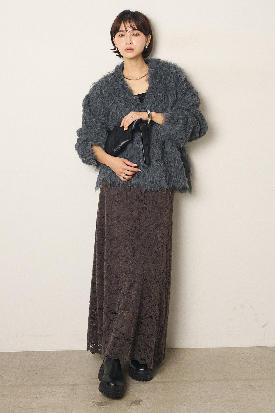 [SET]起毛シャギーニットカーディガン+花柄刺繍ベロアフレアスカート(2set)