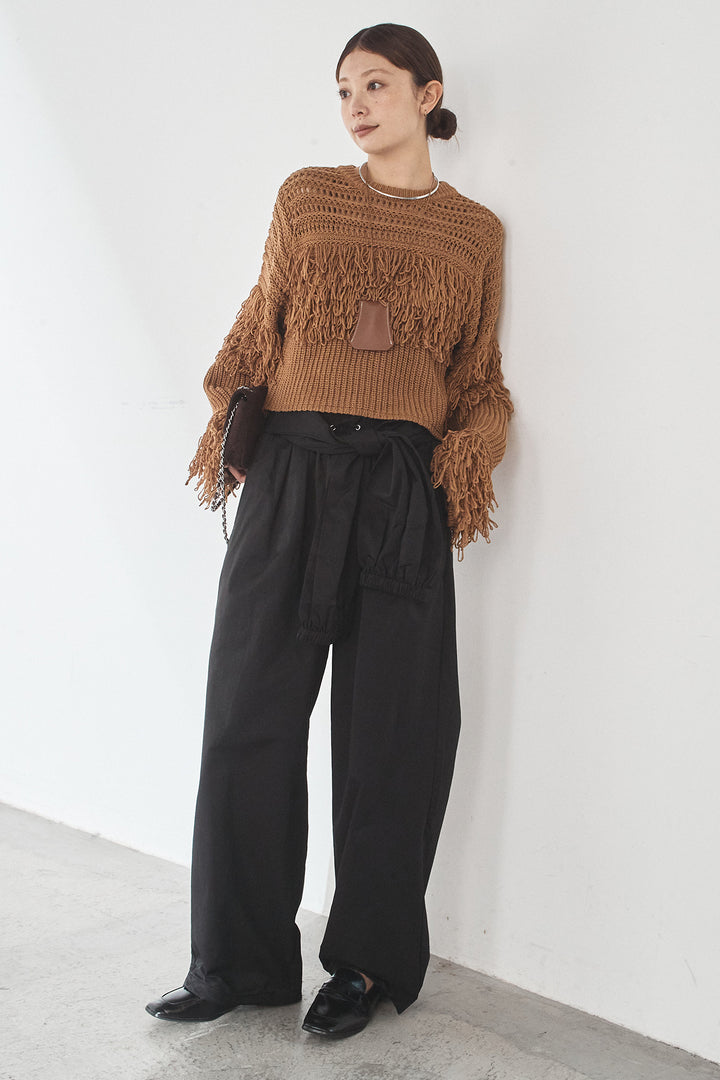 [SET]メッシュフリンジ切り替えプルオーバー+合繊ツイルスタンドウエスト巻きジョガーパンツ(2set)
