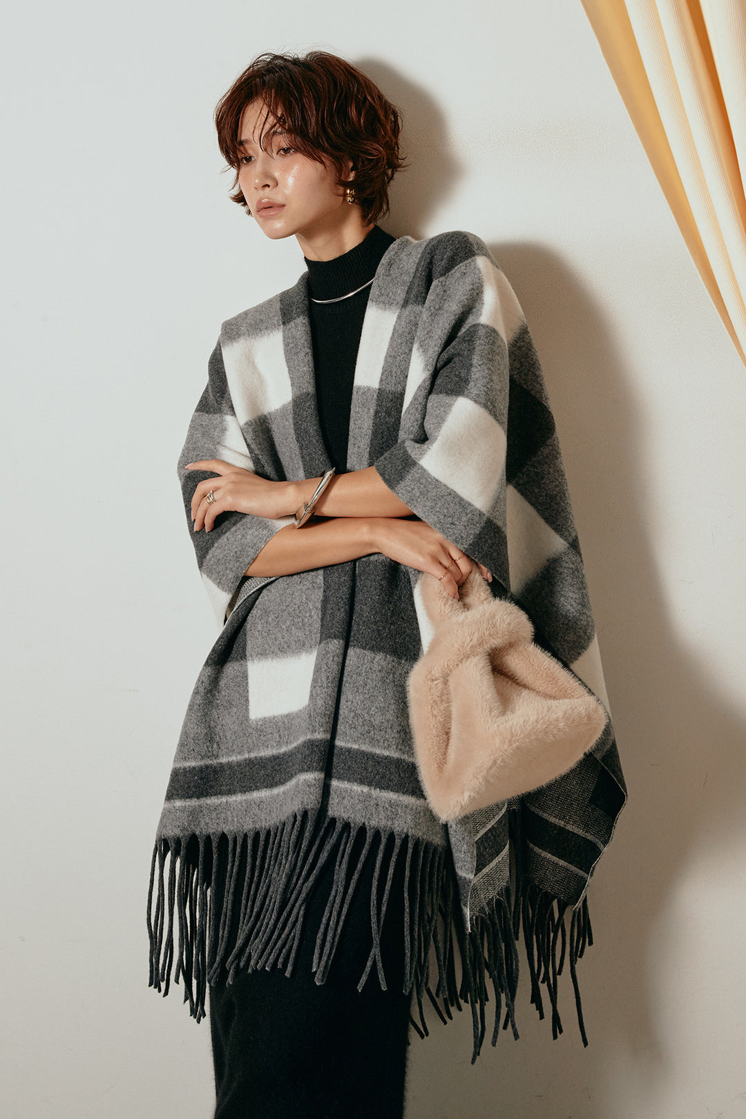 [SET]裾フリンジ柄ポンチョアウター+ノースリーブニットロングワンピース(2set)