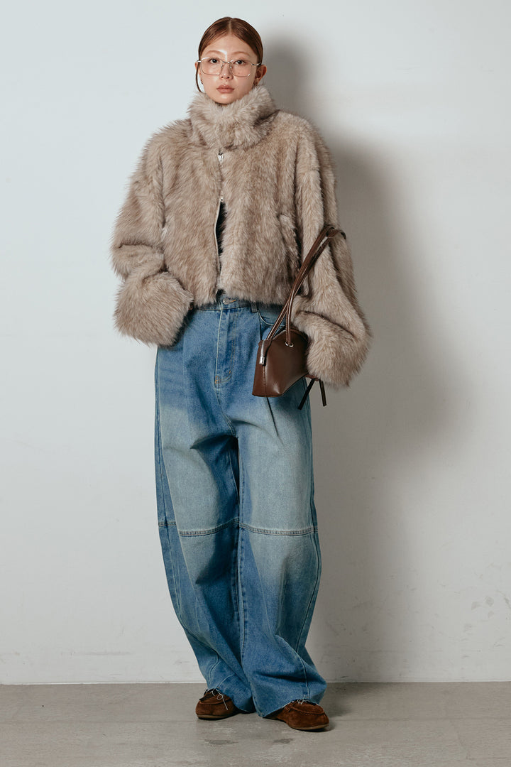 [SET]エコファーショート丈ブルゾン+加工デニムタックコクーンワイドパンツ(2set)