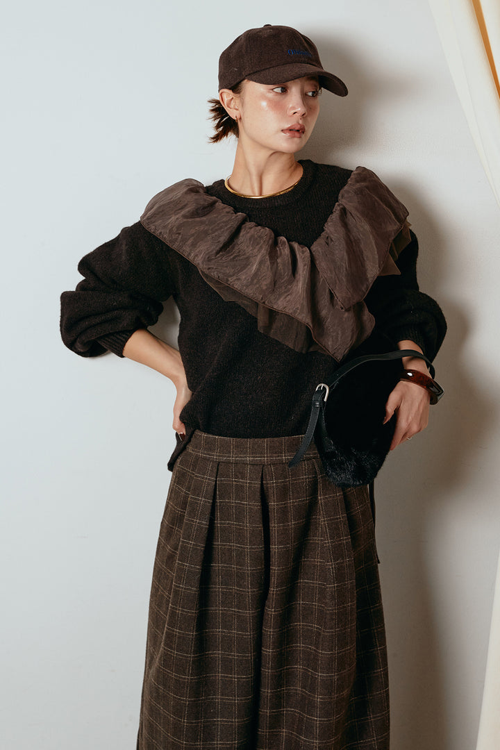 [SET]アシンメトリーフリルニットトップス+ウールライクチェックタックパンツ(2set)