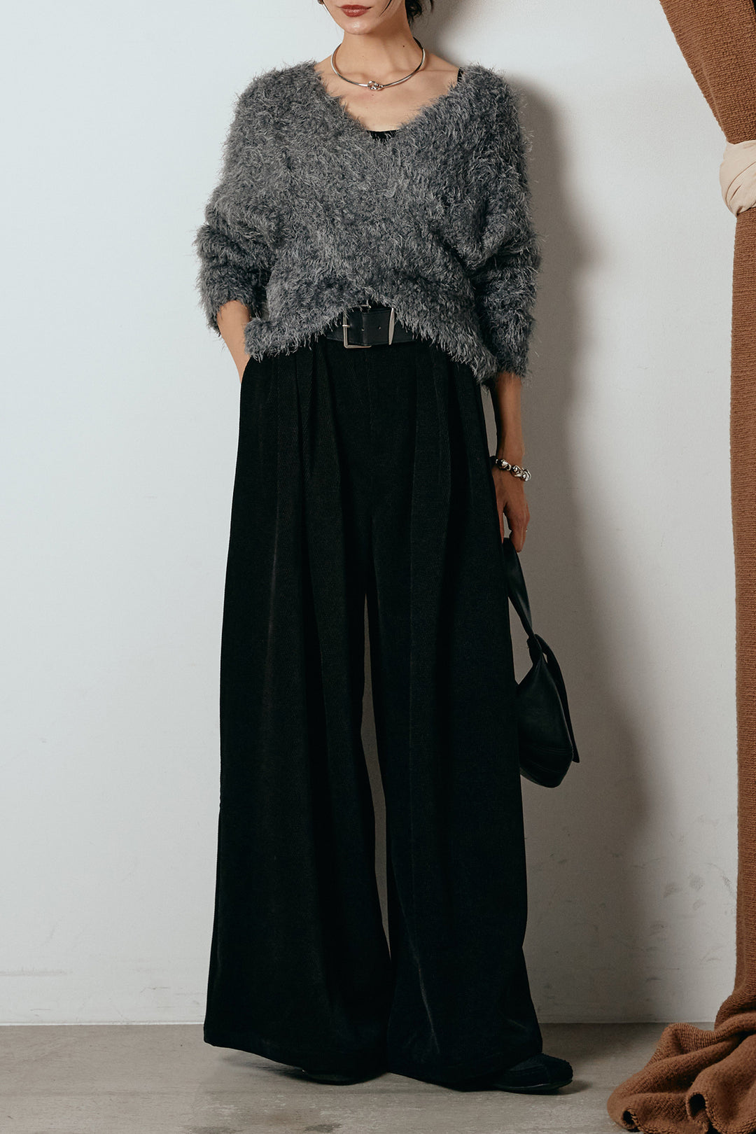 [SET]シャギークロスニットトップス+ベルトループコーデュロイワイドパンツ(2set)