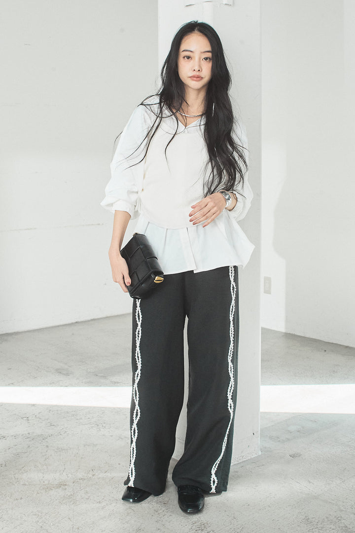 [SET]ニットキャミ付きシャツ+刺繡テープラインパンツ(2set)