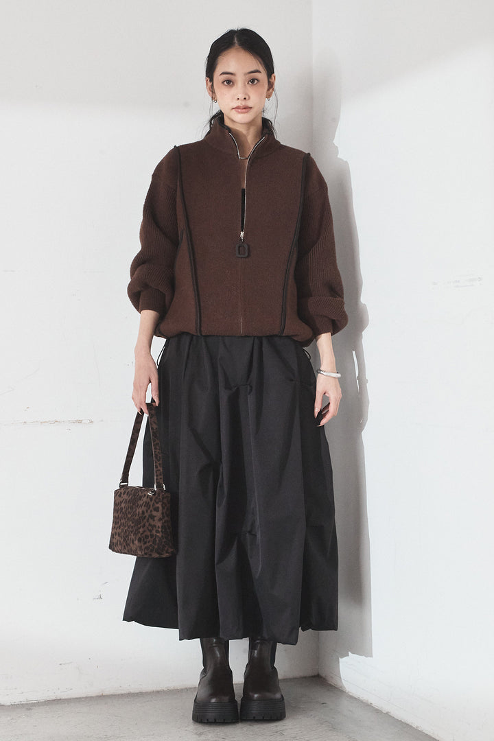 [SET]ハイネックパイピングデザインブルゾン+ランダムタックバルーンスカート(2set)