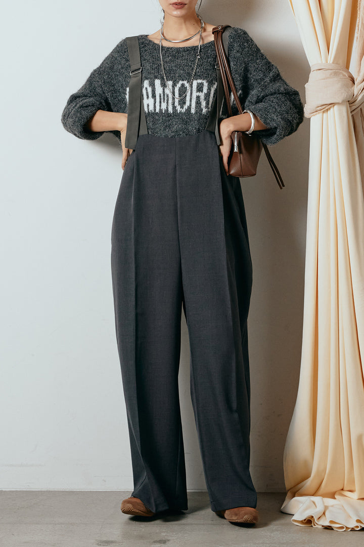 [SET]フロントロゴデザインニットトップス+ワイドツイルサロペット(2set)