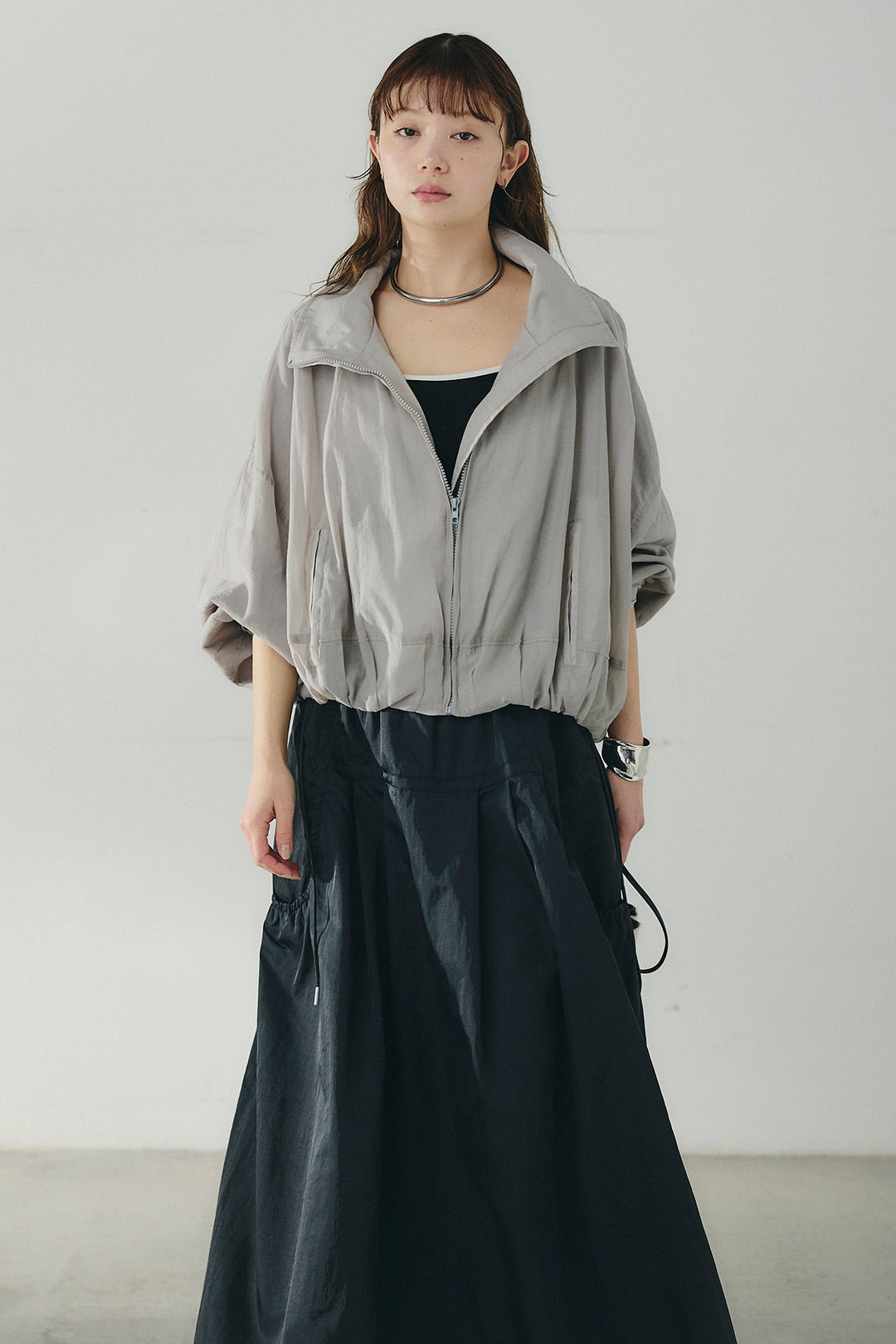 [SET]スタンドネックシアーブルゾン+ナイロンデザインフレアスカート(2set)