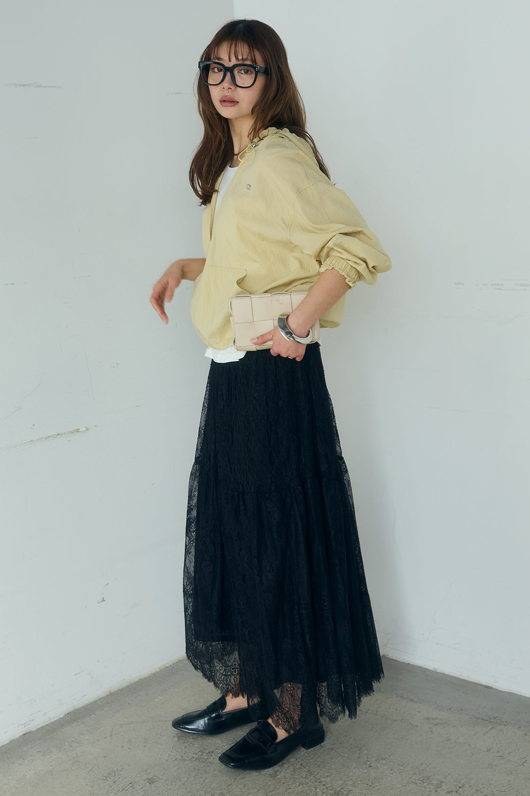 [SET]レイヤードデザインフーディートップス+ひげレース切替ロング丈スカート(2set)