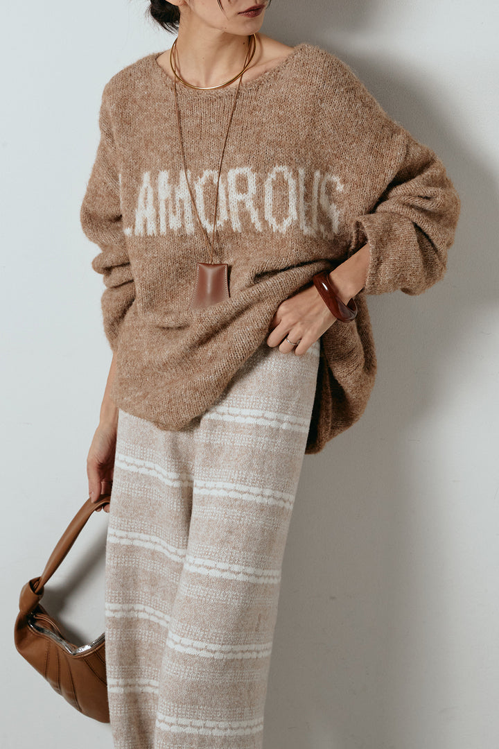 [SET]フロントロゴデザインニットトップス+マルチライン柄リラックスニットパンツ(2set)