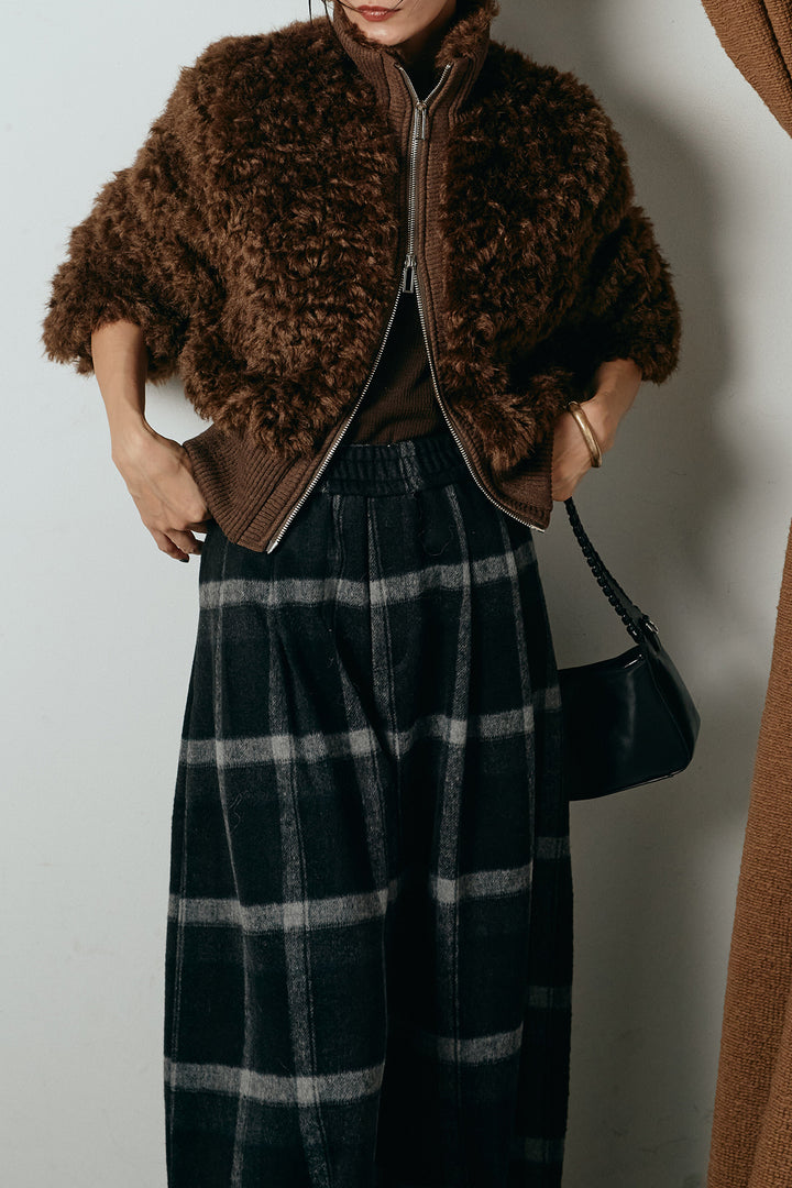 [SET]ハイネックショート丈ボアジップブルゾン+起毛タータンチェック柄ワイドパンツ(2set)