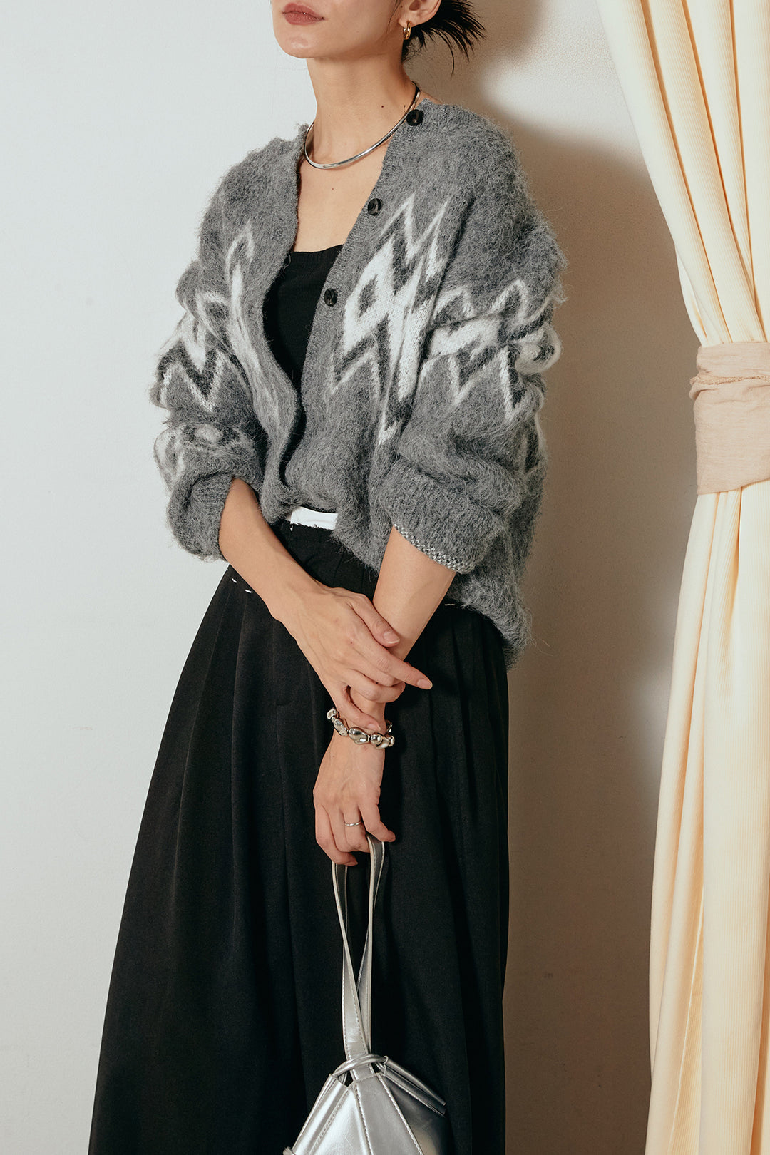 [SET]起毛ノルディック柄ニットカーディガン+ウエストステッチデザインワイドスラックス(2set)