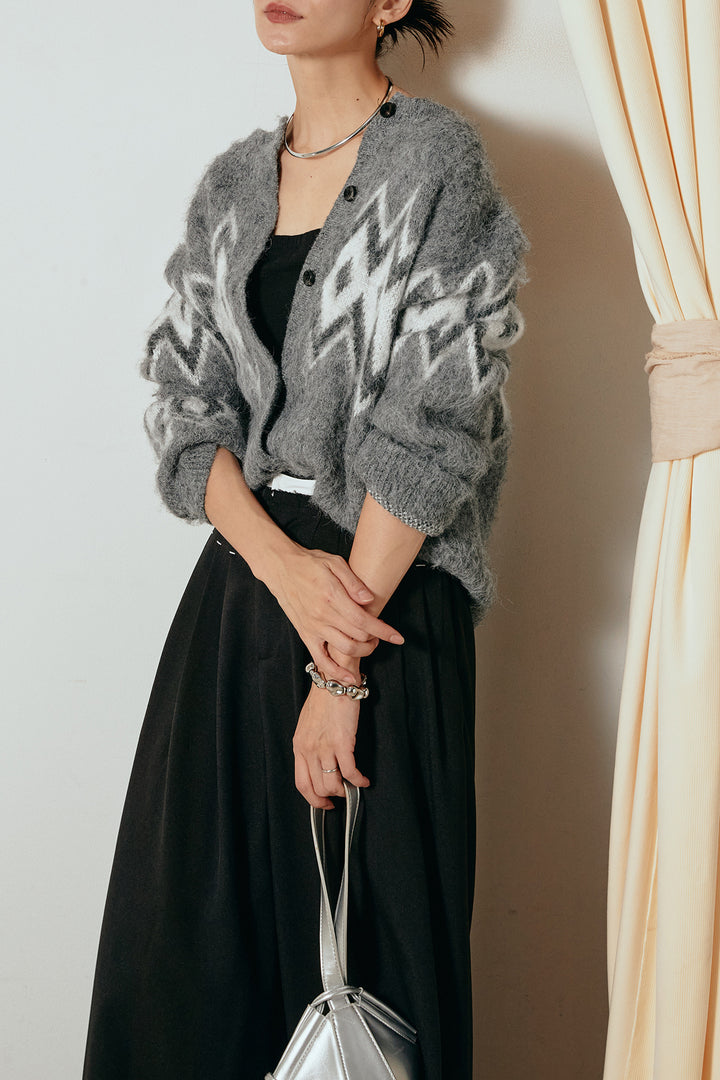 [SET]起毛ノルディック柄ニットカーディガン+ウエストステッチデザインワイドスラックス(2set)