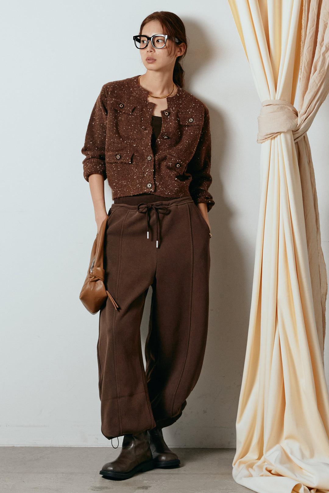 [SET]ネップニットカーディガン+スウェットワイドカーブパンツ(2set)