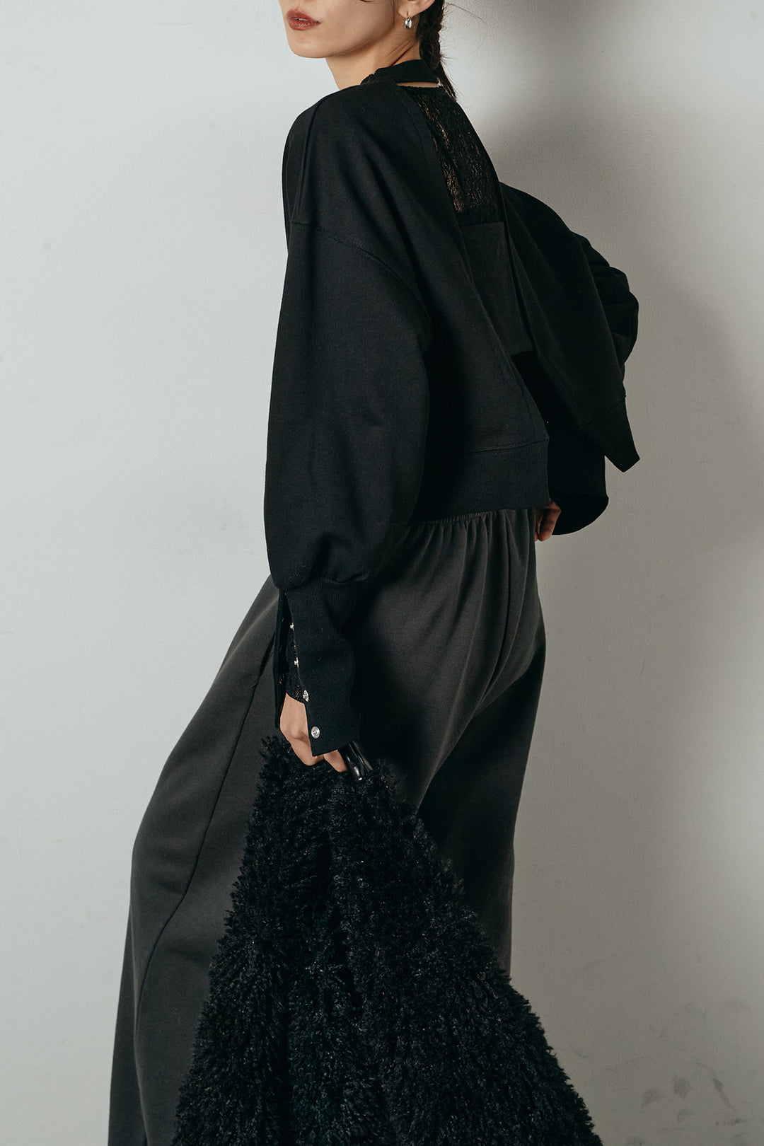 [SET]裏毛バックオープンプルオーバー+ストレッチレースクルーネックインナー+裏起毛スウェットワイドパンツ(3set)