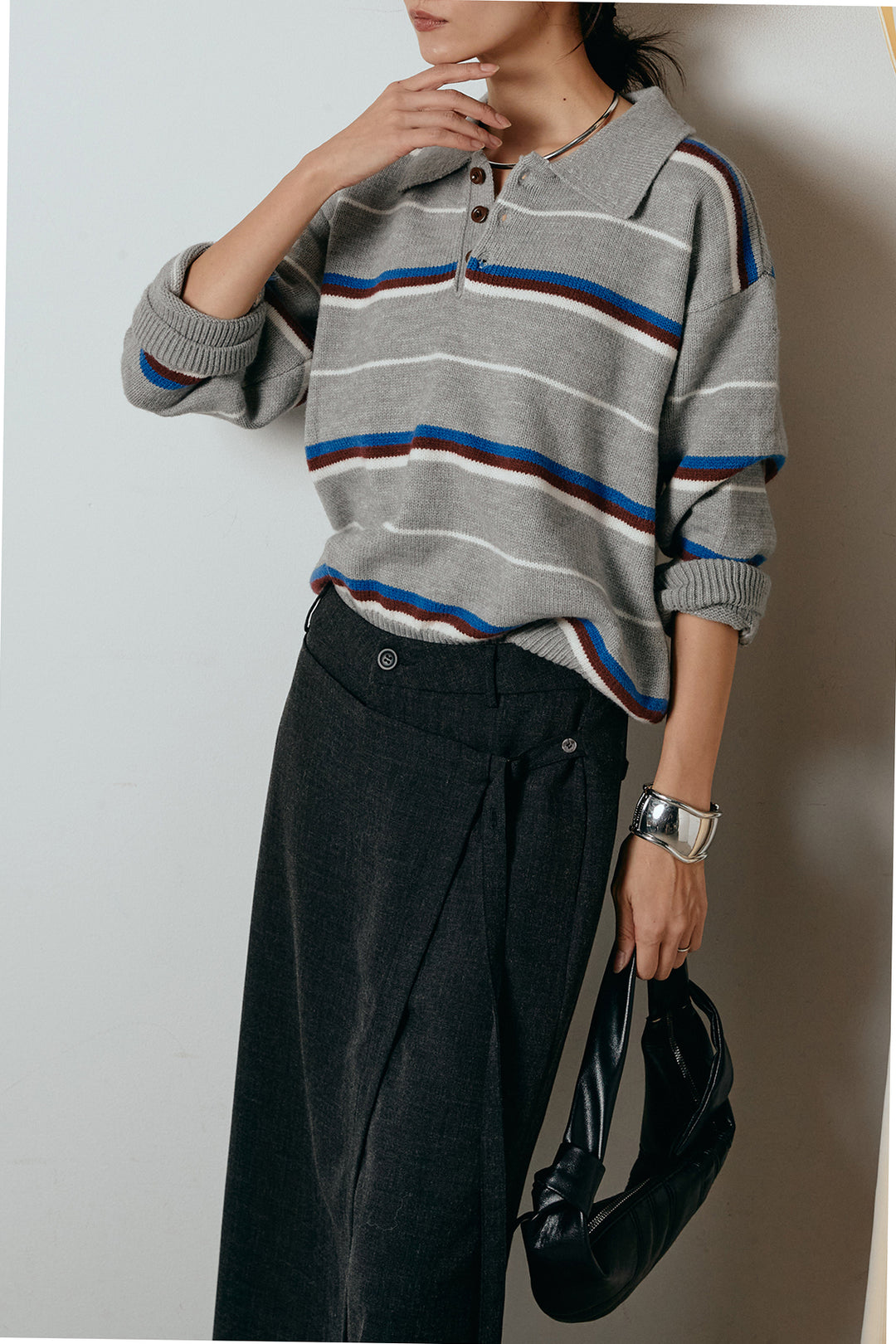 [SET]襟付きマルチボーダーニットポロトップス+ラップ巻きワイドスラックス(2set)