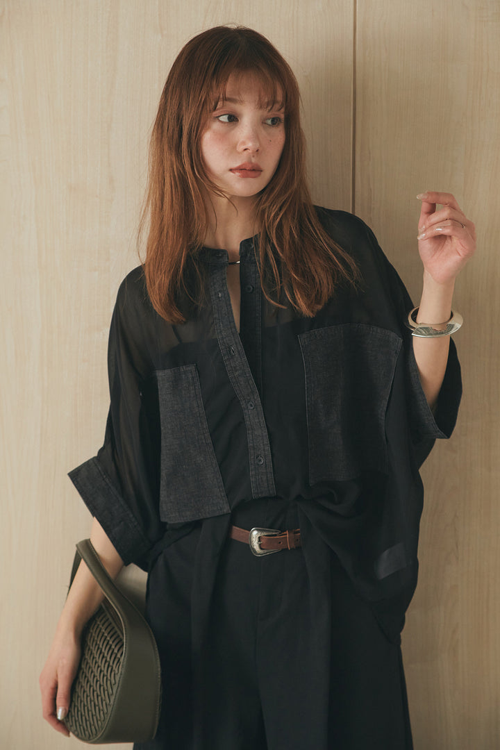 [SET]デニムライクビッグツーポケシアーシャツ+ベルトループデザインハイウエストタックパンツ(2set)