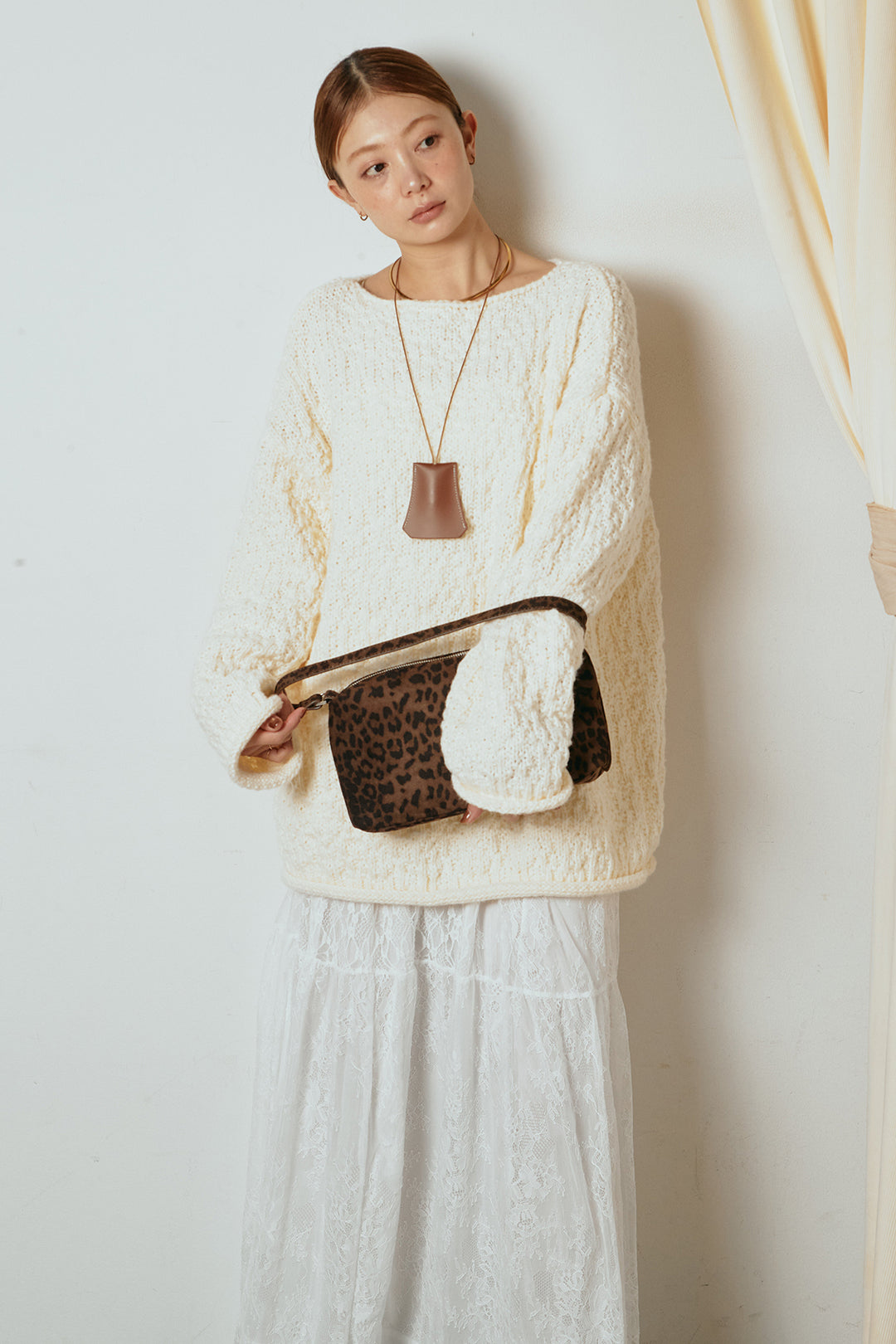 [SET]ボリューム編みニットプルオーバー+ひげレース切替ロング丈スカート(2set)