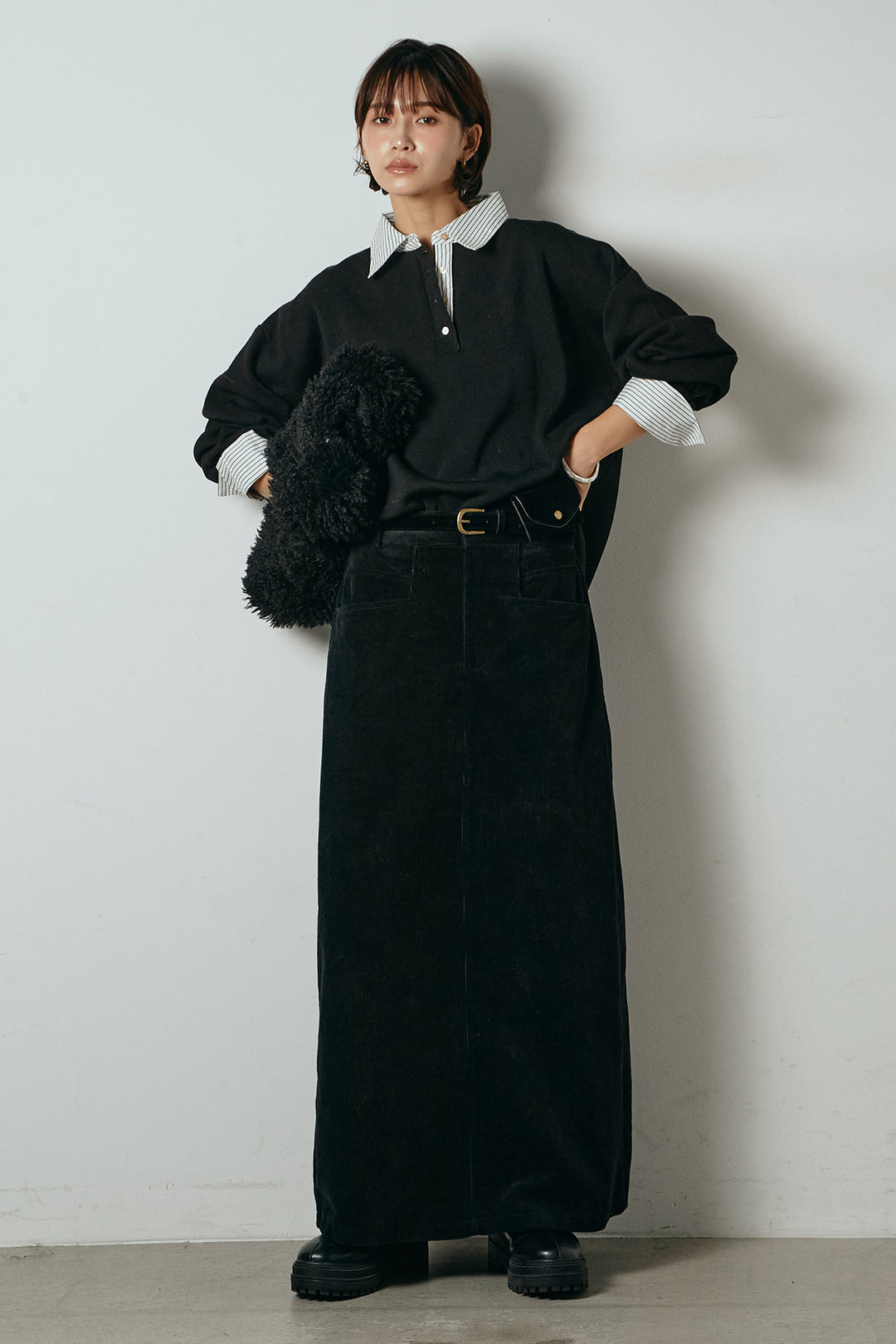 [SET]ストライプシャツドッキングポロトップス+ポーチベルト付きコーデュロイワイドスカート(2set)