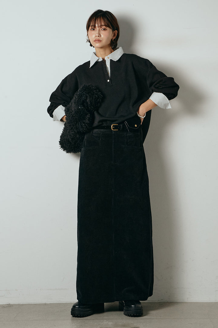 [SET]ストライプシャツドッキングポロトップス+ポーチベルト付きコーデュロイワイドスカート(2set)