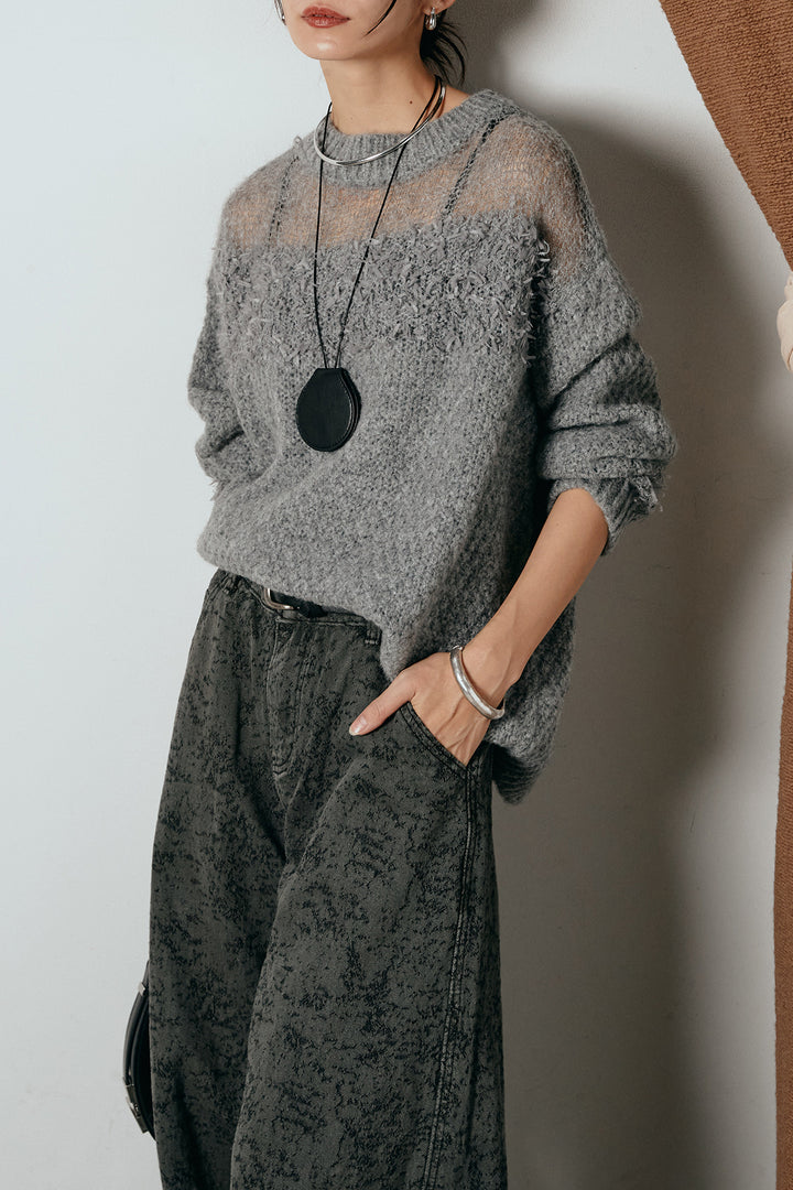 [SET]パターンランダム編みニットトップス+ベルト付きニュアンス柄カーブワイドパンツ(2set)