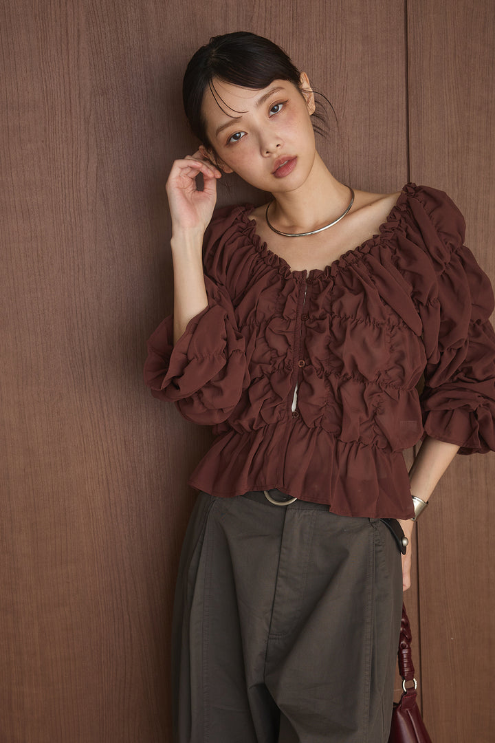 [SET]長袖シャーリングパフスリーブブラウス+サークルバックルベルト付きタックワイドパンツ(2set)