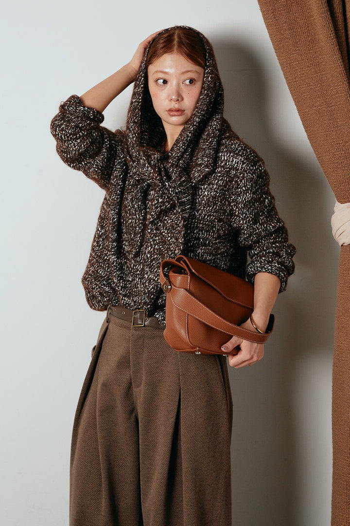 [SET]スカーフ付きミックスニットトップス+細ベルト付き起毛タックワイドパンツ(2set)